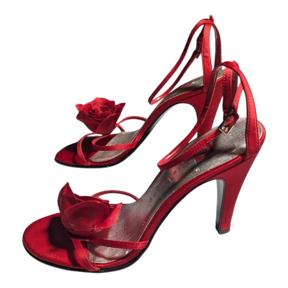 Vtg Y2K Ellemenno Red Satin Rose Floral Accent High Heel Strappy Sandals Sz 8 - Picture 5 of 5